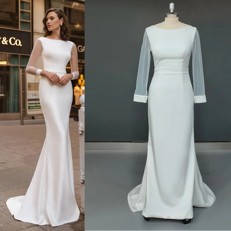 8209#Real Photos Sheer Long Sleeve O-Neck Open Corset Back Sheath Soft Satin Sweep Train Wedding Dress Wedding Bridal Gown