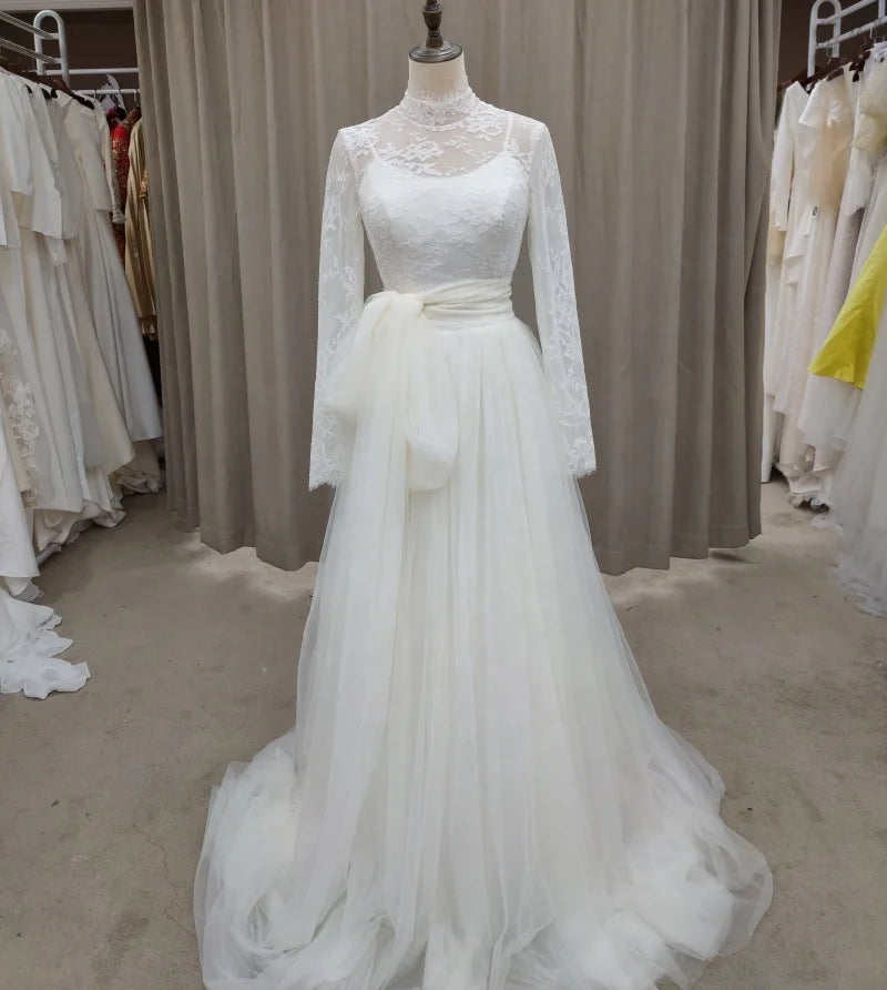 #3147 100% Real Photos A-Line Vintage Special Design Long  Sleeve Lace Soft Light Champagne Open Back Bridal Gown Wedding Dress