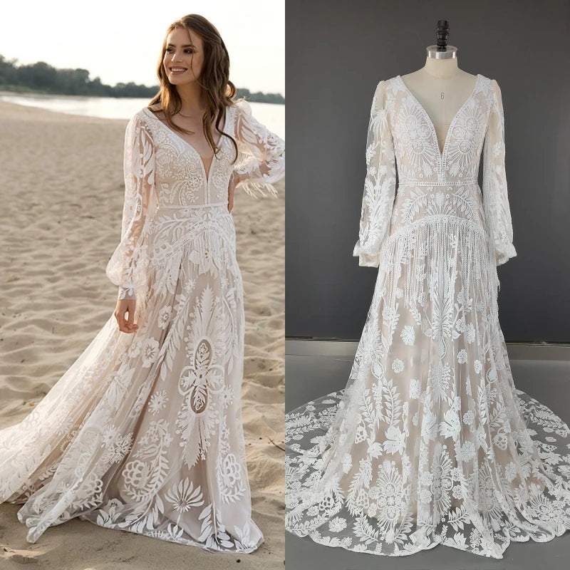 12582# Real Photos Bohemia Sweep Train V-Neck A-line Wedding Dress Appliques Lace Bridal Gown With Tassel Puffy Sleeves