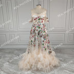 Real Photos Unique Off Shoulder Flower Appliques Lace Ruffles Tulle A-line Wedding Dress With Veil Bride Gown for Women 12970