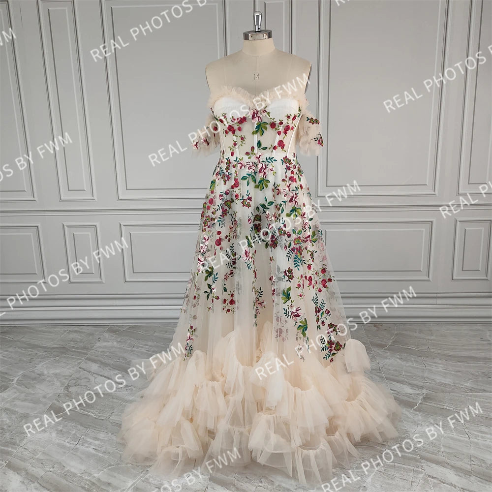 Real Photos Unique Off Shoulder Flower Appliques Lace Ruffles Tulle A-line Wedding Dress With Veil Bride Gown for Women 12970