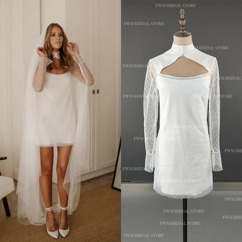 12526#  Real Photos Simple Beach Sheath Polka Dots Lace Illusion Wedding Dress for Engagement Bridal Gown Mini Evening Dress