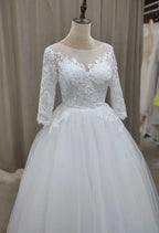 #3143 Real Photos  Special Design 3/4 Long  Sleeve Lace Ivory Lace-up O-Neck Floor Length Bridal Gown Wedding Dress
