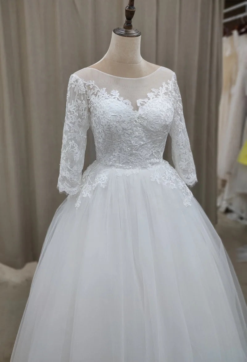 #3143 Real Photos  Special Design 3/4 Long  Sleeve Lace Ivory Lace-up O-Neck Floor Length Bridal Gown Wedding Dress
