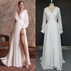 8239#  Real Photos Split Front V-neck Pleat Soft Chiffon Wedding Dress Elegant SweepTrain Bridal Gown With Long Sleeves