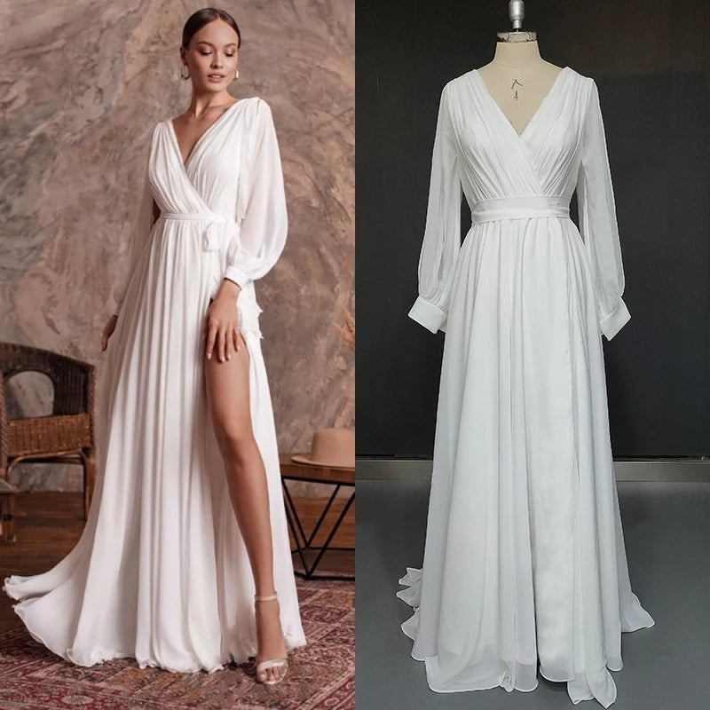 8239#  Real Photos Split Front V-neck Pleat Soft Chiffon Wedding Dress Elegant SweepTrain Bridal Gown With Long Sleeves