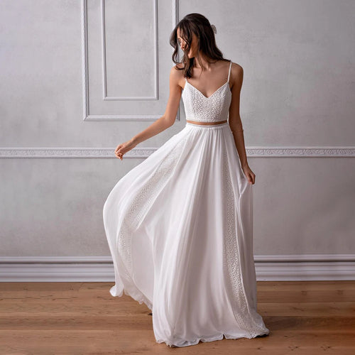 10436#Real Photos Spaghetti Straps Sleeveless Sexy V-Neck Open Back Chiffon Floor Length Wedding Dress Wedding Bridal Gown