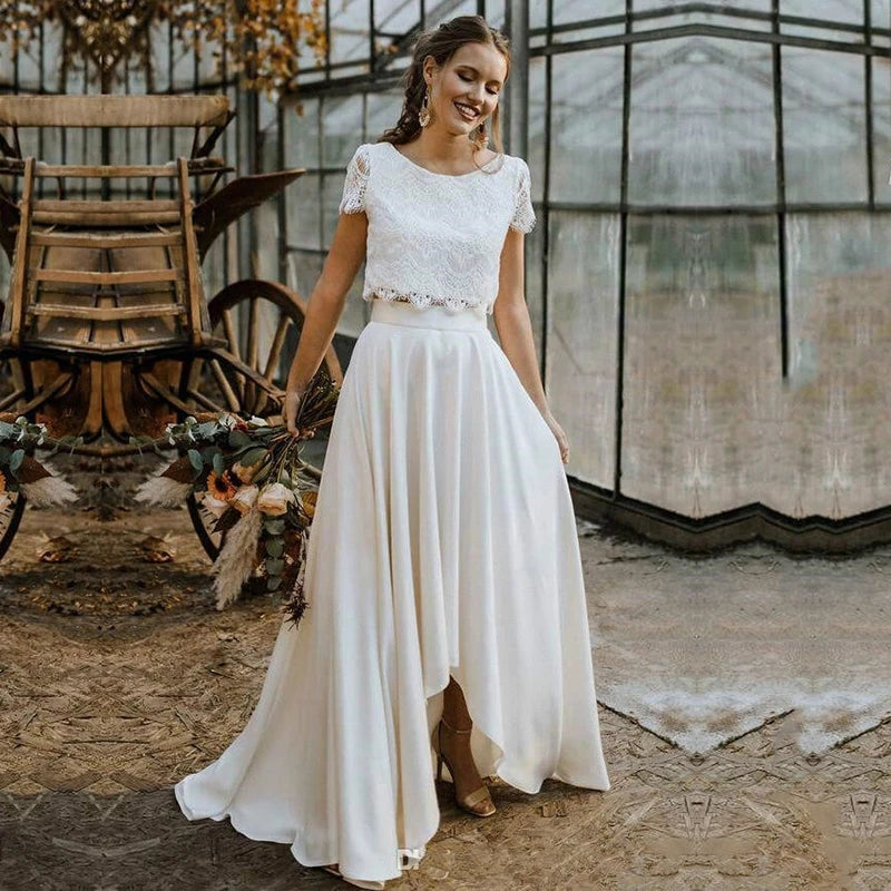 9399# Real Photos Two Pieces Wedding Dresses Lace Top Short Sleeve Bridal Gown Jewel Neck Beach Wedding Gown Vestidos De Novia