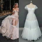 11395#Real Photos Off-Shoulder Sweetheart Open Corset Back A-Line Tulle Floor Length Lace Wedding Dress Wedding Bridal Gown