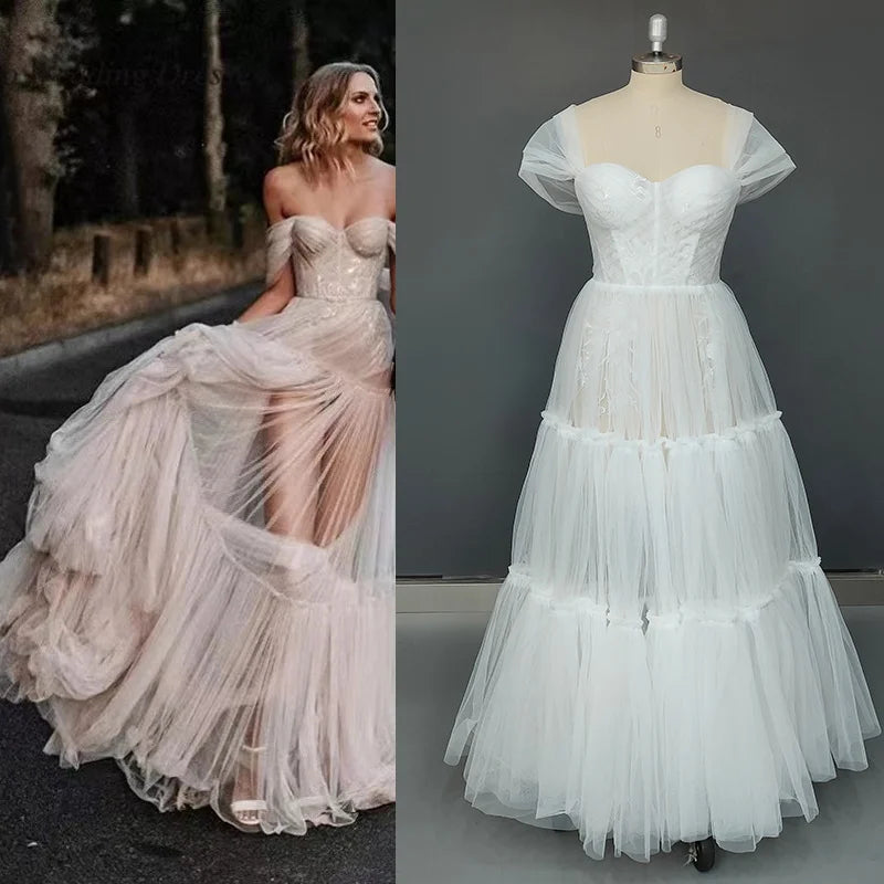 11395#Real Photos Off-Shoulder Sweetheart Open Corset Back A-Line Tulle Floor Length Lace Wedding Dress Wedding Bridal Gown