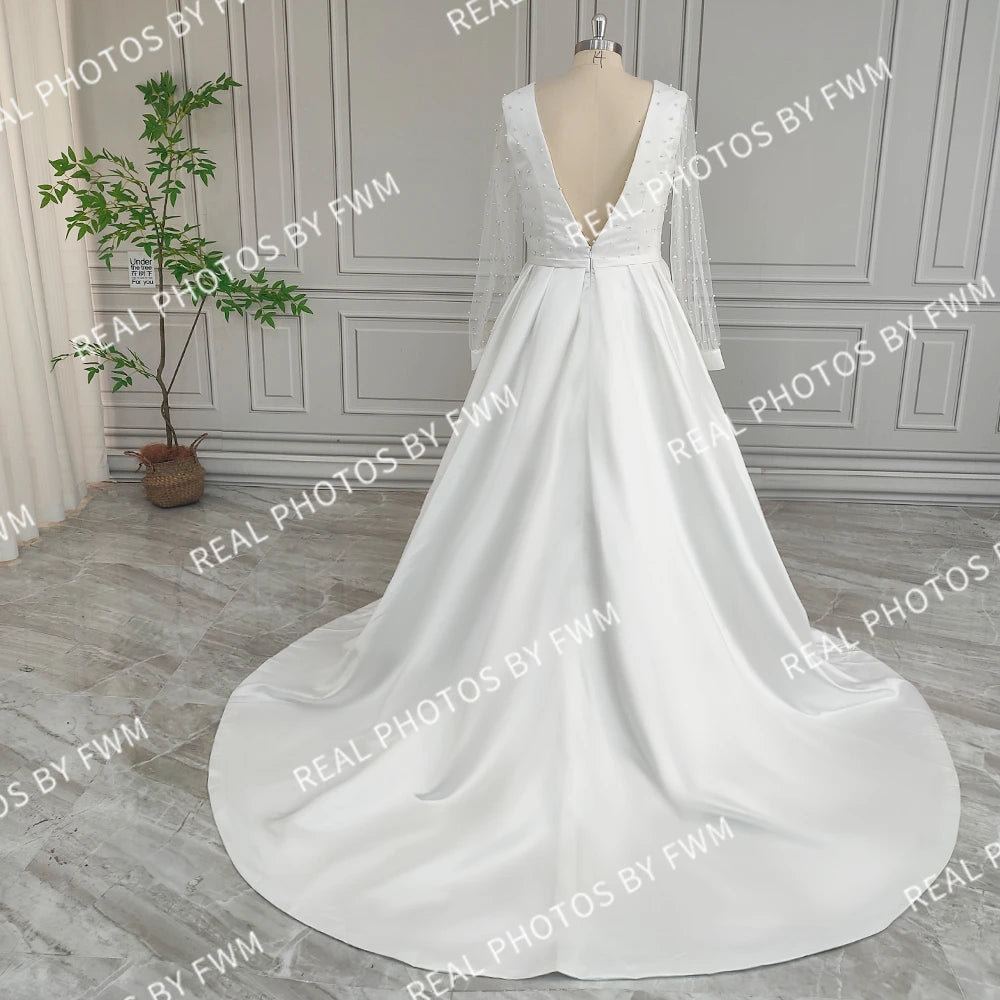 Real Photos High Quality Long Pearls Tulle A-line Wedding Dress for Bride Elegant Backless Satin Bridal Gown With Pockets