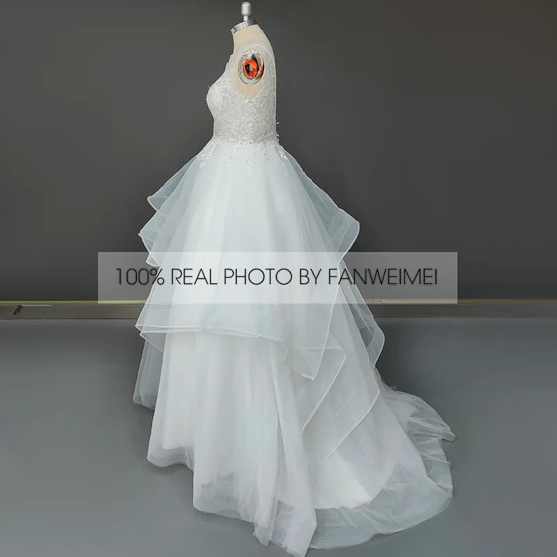 Real Photos Elegant Spaghetti Straps V-Neck Applique Lace Ball Gown for Wedding Ruffles Tulle  Women Wedding Dress Bridal Gown