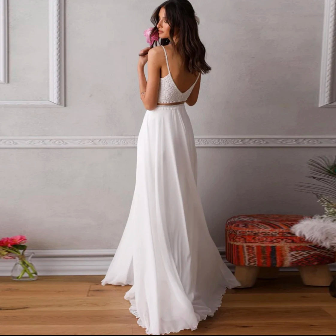 10436#Real Photos Spaghetti Straps Sleeveless Sexy V-Neck Open Back Chiffon Floor Length Wedding Dress Wedding Bridal Gown