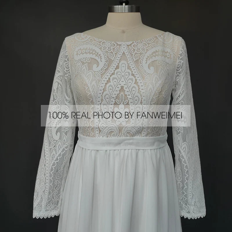 100% Real Photos Bohemian Chiffon Wedding Dresses Boat Neck Long Sleeve Lace Wedding Bridal Gowns for Plus Size Women