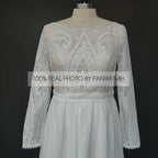 100% Real Photos Bohemian Chiffon Wedding Dresses Boat Neck Long Sleeve Lace Wedding Bridal Gowns for Plus Size Women