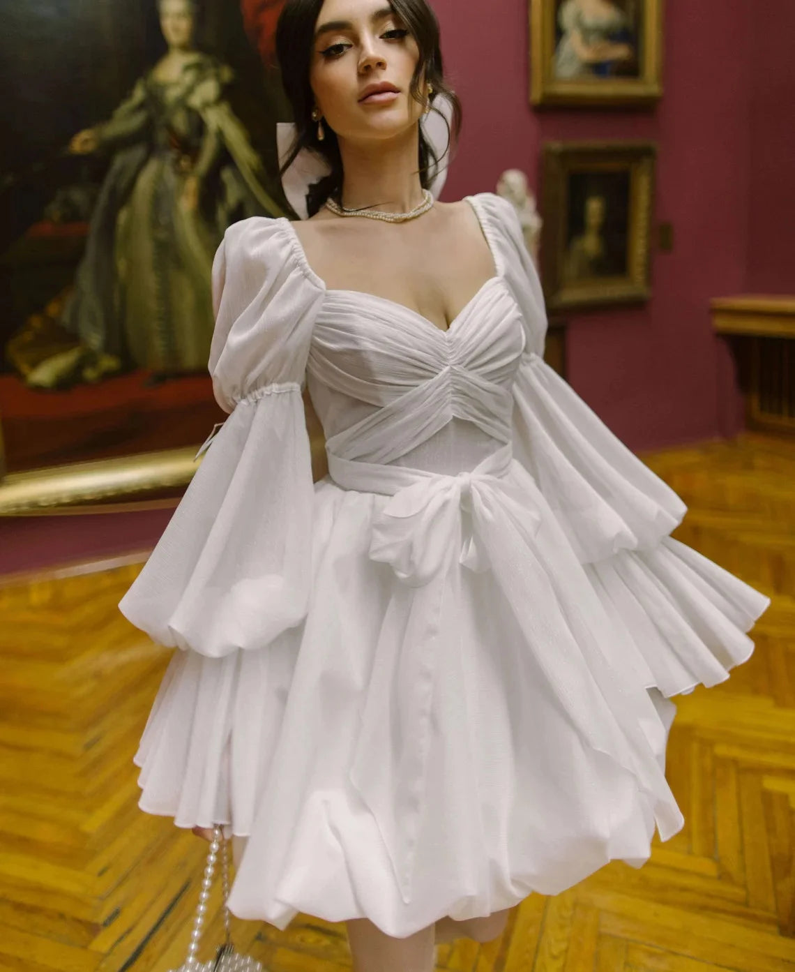 11917# Real Photos Flare Sleeves Gorgeous Boho Chiffon V-Neck Open Back Mini Above Knee Wedding Dress Wedding Bridal Gown