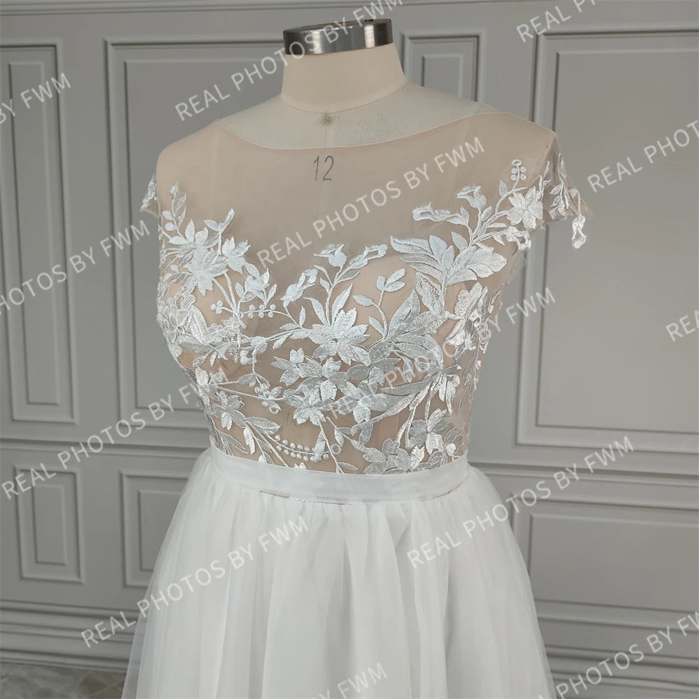 Real Photos High Quality Boat Neck Cap Sleeve Split Appliques Lace Wedding Dress Elegant Tulle A-line Bridal Gown for Women