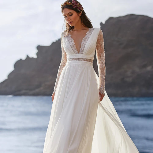 10419#  Real Photos V-neck Long Sleeves Sheath Soft Chiffon Wedding Dress Illusion Back Bridal Gown Evening Party Dresses