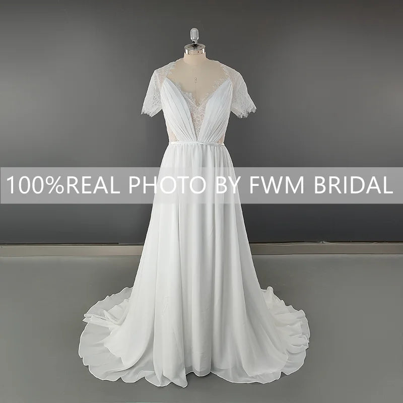 11559# Real Photos Short Lace Sleeves Soft Chiffon Beach Wedding Dress V-neck Pleat Sweep Train Bohemia Bridal Gown
