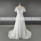 11559# Real Photos Short Lace Sleeves Soft Chiffon Beach Wedding Dress V-neck Pleat Sweep Train Bohemia Bridal Gown