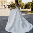 11507# Real Photos Simple Boho Strapless Pleat Satin A-line Wedding Dress for Women Sweep Train Bride Gown Vestido De Novia