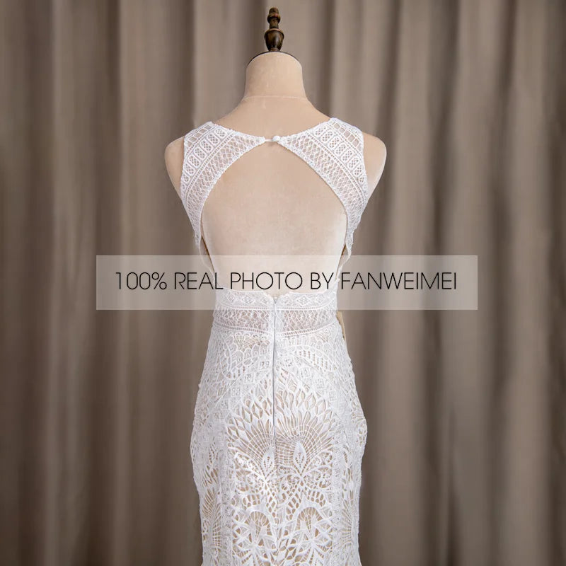 Real Photos Boho Sleeveless Appliques Lace Mermaid Wedding Dress for Woman Sweep Train Backless Bride Gown for Wedding