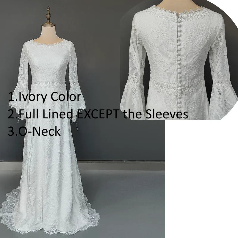 Real Photos Boho Outdoor Long Bell Sleeves Lace Wedding Dress for Plus Size Woman Backless Boat Neck Bride Gown for Wedding