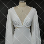 Real Photos Simple V-neck Backless Pearls Puffy Sleeves With Tassel Wedding Dress Sweep Train Mermaid Bridal Gown for Women