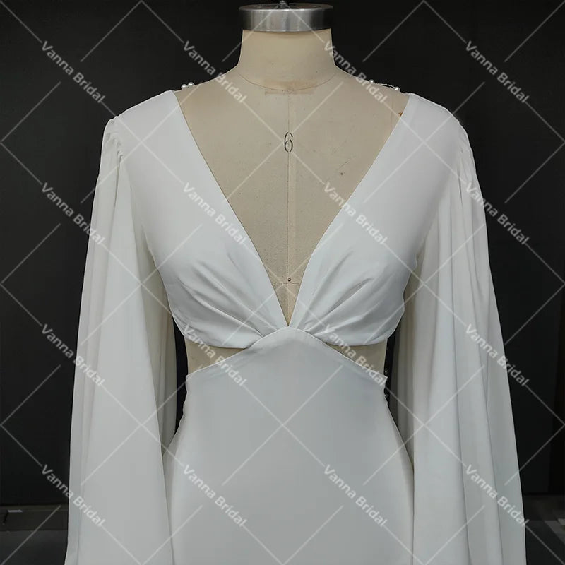 Real Photos Simple V-neck Backless Pearls Puffy Sleeves With Tassel Wedding Dress Sweep Train Mermaid Bridal Gown for Women