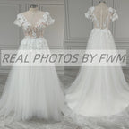 #8150 Real Photos Romantic 3D Flowers V-neck Sweep Train Backless A-line Lace Wedding Dress Bridal Gown for Women Custom Made