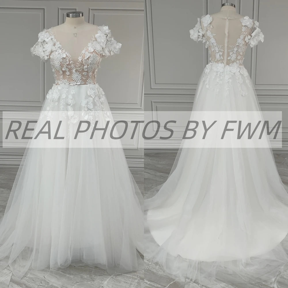 #8150 Real Photos Romantic 3D Flowers V-neck Sweep Train Backless A-line Lace Wedding Dress Bridal Gown for Women Custom Made