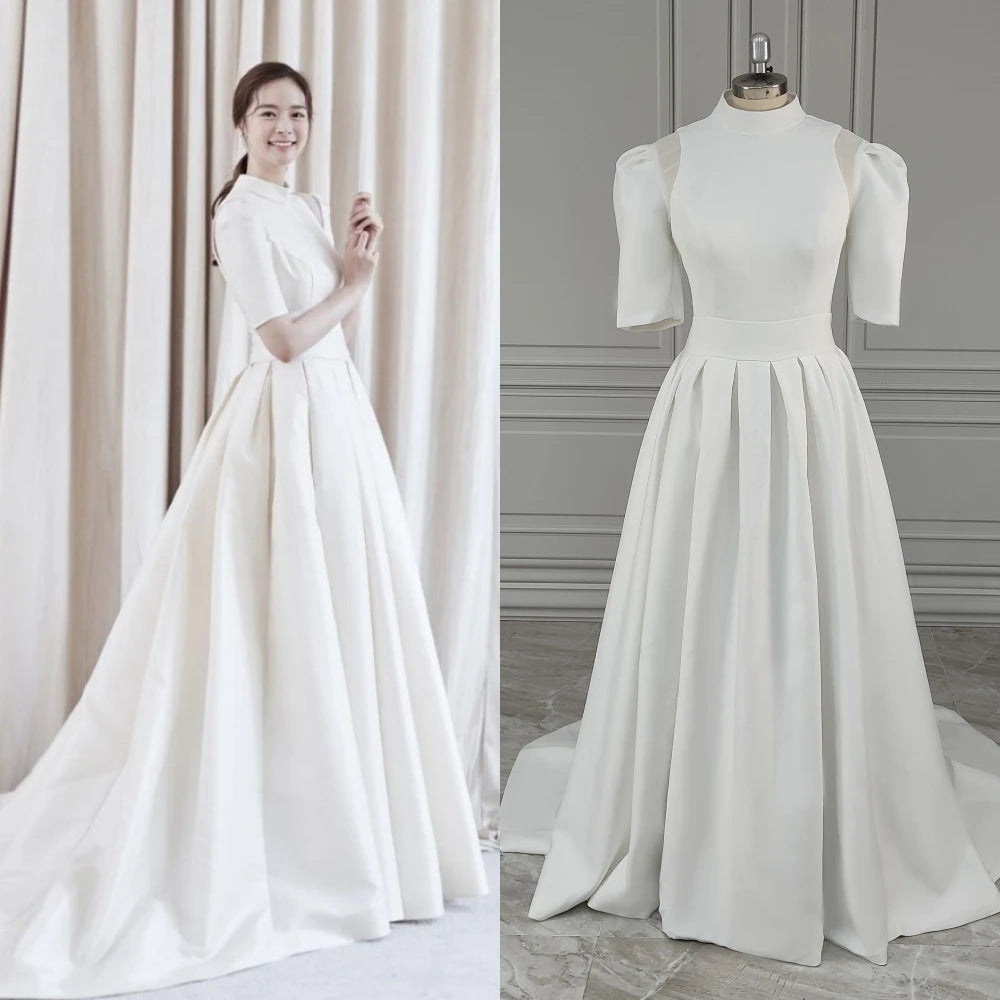 Real Photos Classic Short Sleeves High Neck Satin A-line Wedding Dress Sweep Train Bride Gown for Women Vestido De Novia