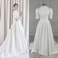 Real Photos Classic Short Sleeves High Neck Satin A-line Wedding Dress Sweep Train Bride Gown for Women Vestido De Novia