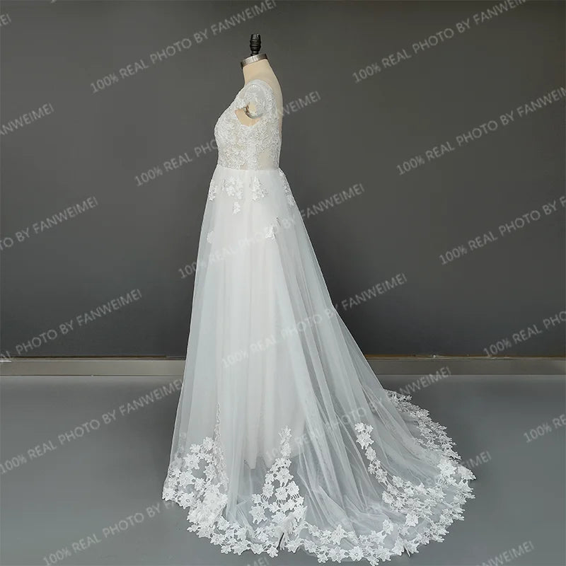 Real Photos Cap Sleeves 3D Flowers Appliques Lace A-line Wedding Dress Sweep Train V-Neck Bride Gown Bridal Dress for Women