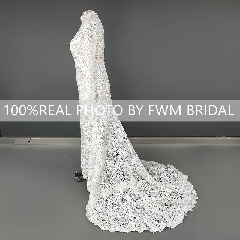 11797# Real Photos Exquisite High Neck Long Sleeves Mermaid Wedding Dress Bridal Gown for Women With Appliques Lace Bohemia