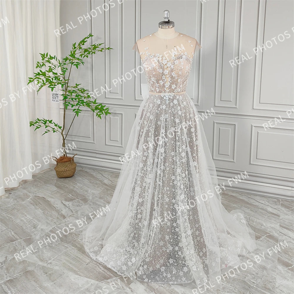Real Photos High Quality Beaded Sequined Flowers Lace A-line Wedding Dress Elegant Women 2024 Illusion Bride Gown With Bow