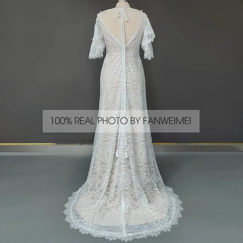 Real Photos Boho V-Neck Short Sleeves Appliques Lace Wedding Dress Sweep Train Beach Woman Bridal Gown for Wedding