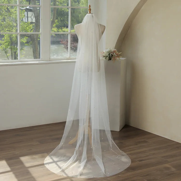 Real Photos Vintage One Layer Pearls Tulle 2M Bridal Veil Wedding Accessories Wedding Veils