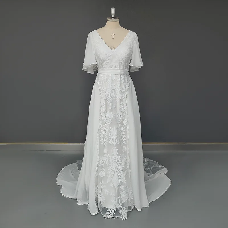 10926#Real Photos Flare Sleeve Lace Bohemian Beach V-Neck Open Back Illusion Wedding Dress Wedding Bridal Gown