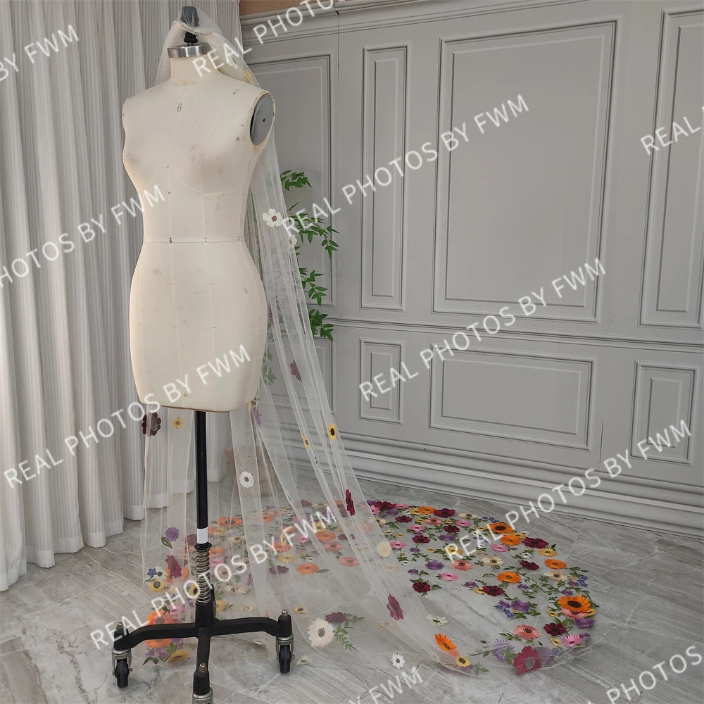 Real Photos High Quality One Layer Embroidered Flowers Lace Bridal Veil 200cm Wedding Veil Accessories for Wedding