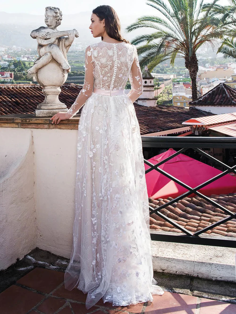 11589# Real Photos Bohemian O-Neck Floor Length A-Line Long Sleeve Flowers Applique Lace Wedding Dress Bridal Gown for Women
