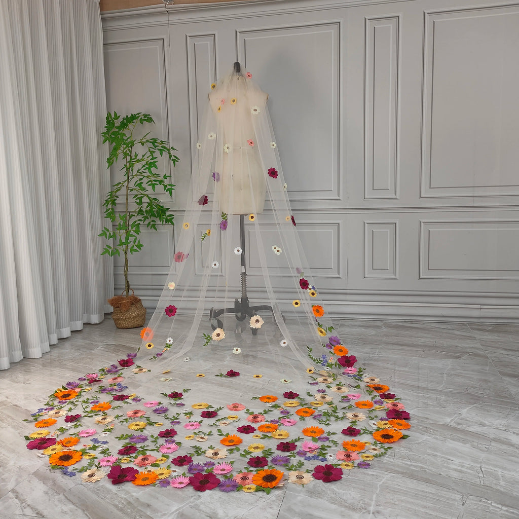 Real Photos High Quality One Layer Embroidered Flowers Lace Bridal Veil 200cm Wedding Veil Accessories for Wedding