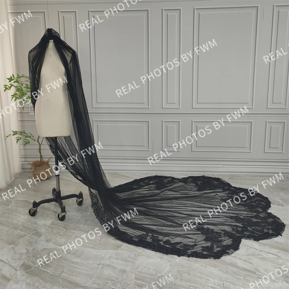 Real Photos High Quality One Layer Black Appliques Sequined Lace Bridal Veil 300CM Long Wedding Veil Accessories for Wedding