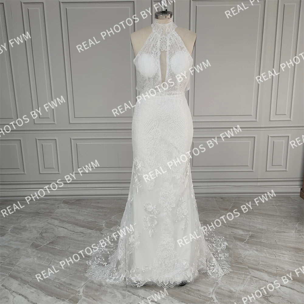 Real Phtos High Quality Beach Halter Backless Mermaid Lace Wedding Dress for Women Bridal Gown With Sweep Train  3279