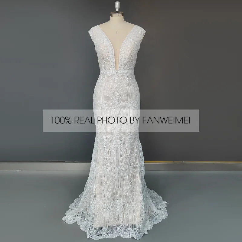 Real Photos Boho V-Neck Long Sleeve Mermaid Appliques Lace Wedding Dress Woman Backless Sweep Train Bridal Gown for Wedding