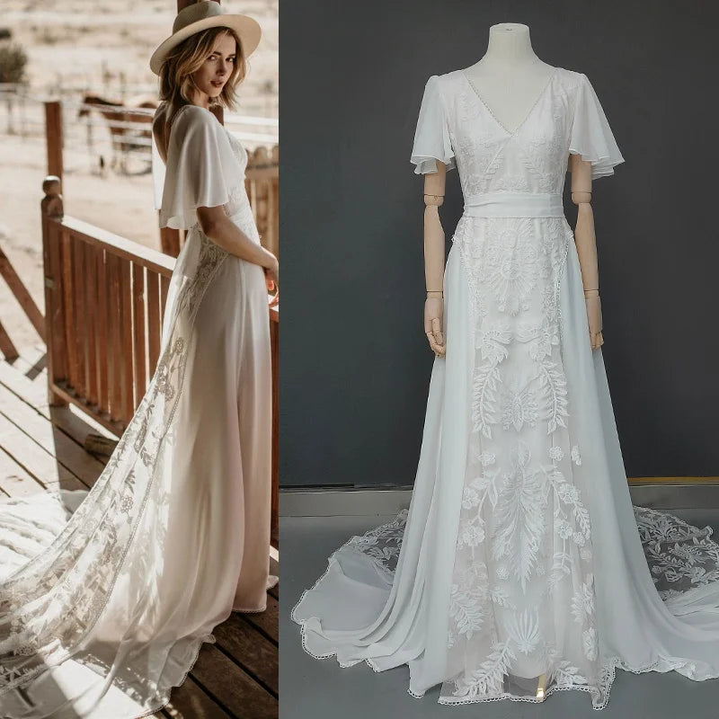 10926#Real Photos Flare Sleeve Lace Bohemian Beach V-Neck Open Back Illusion Wedding Dress Wedding Bridal Gown