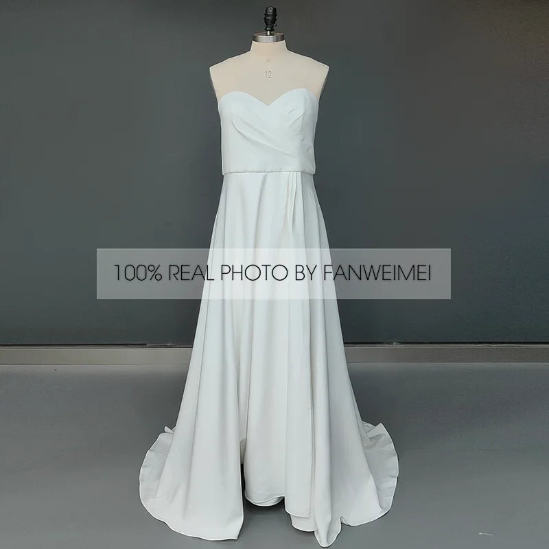 8270#Real Photos Strapless Sleeveless Sweetheart Open Back Chiffon Sweep Train Ruched Slit Wedding Dress Wedding Bridal Gown