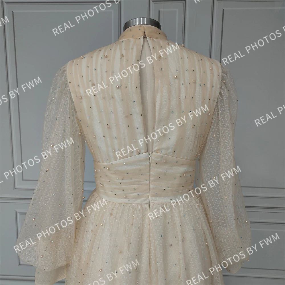 Real Photos Long Puffy Sleeves Side Slit A-line Beaded Pearls Tulle Evening Dress Women Prom Gown for Wedding Party