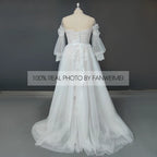 Real Photos Puffy Sleeve O-Neck Sweep Train Applique Lace A-Line Wedding Dress Woman Tulle Bridal Gown for Wedding Dress