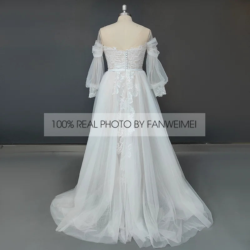 Real Photos Puffy Sleeve O-Neck Sweep Train Applique Lace A-Line Wedding Dress Woman Tulle Bridal Gown for Wedding Dress